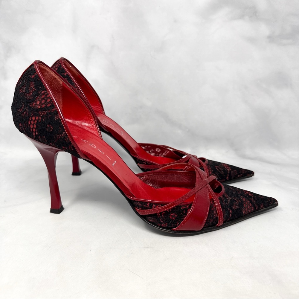 CASADEI Vintage Y2K Leather Lace Pointed Toe Stiletto Heel Pumps Gothic Red 9 - Picture 5 of 15